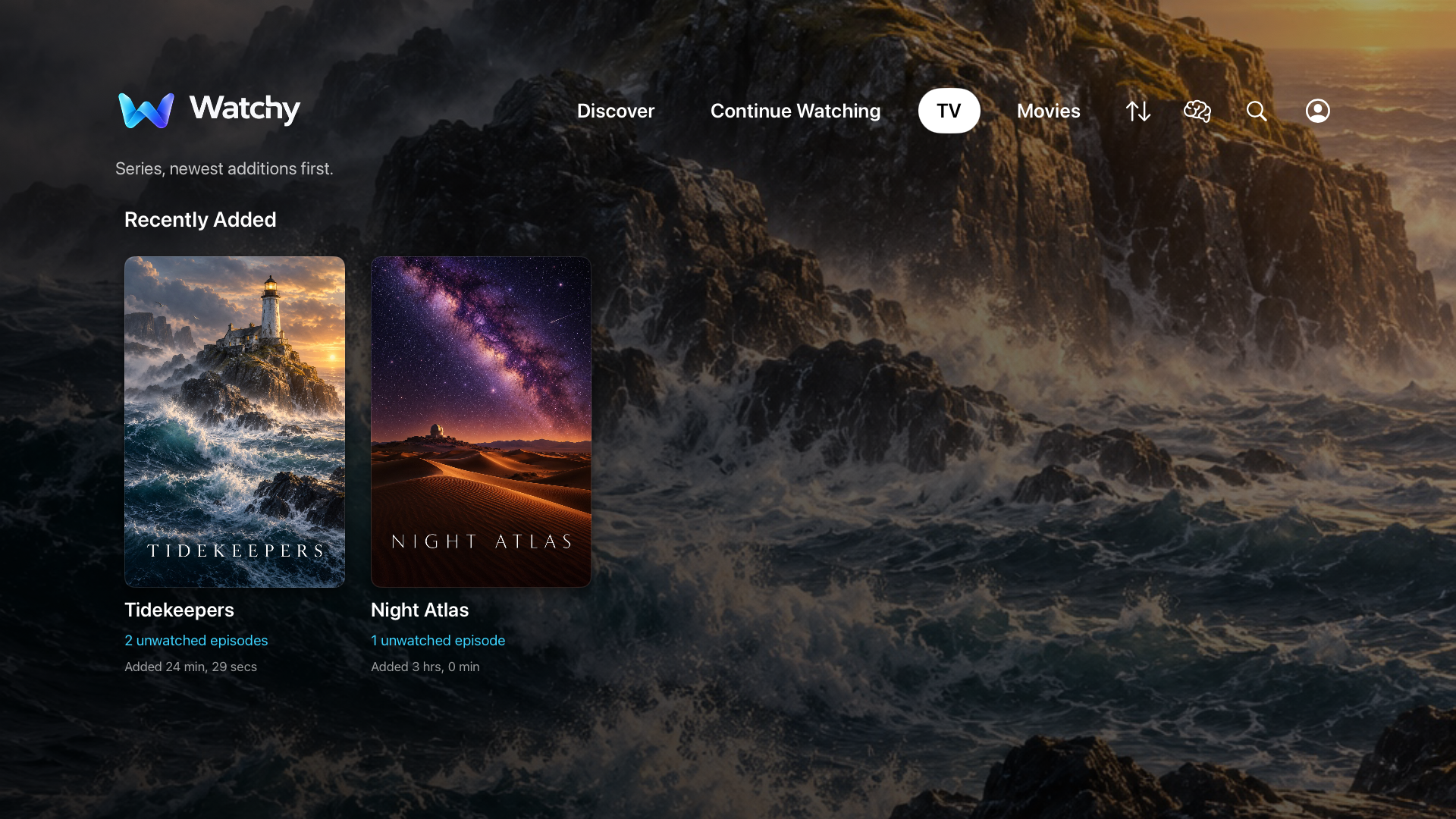 Watchy on Apple TV showing newly added TV series from an original fictional demo library